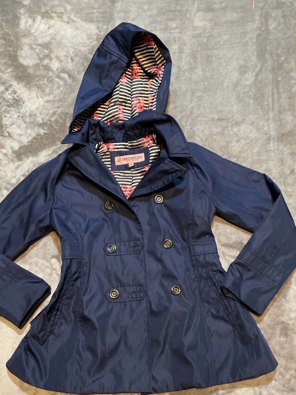 Urban Republic Navy Hooded Double-Breasted Girls' Raincoat with Floral Lining